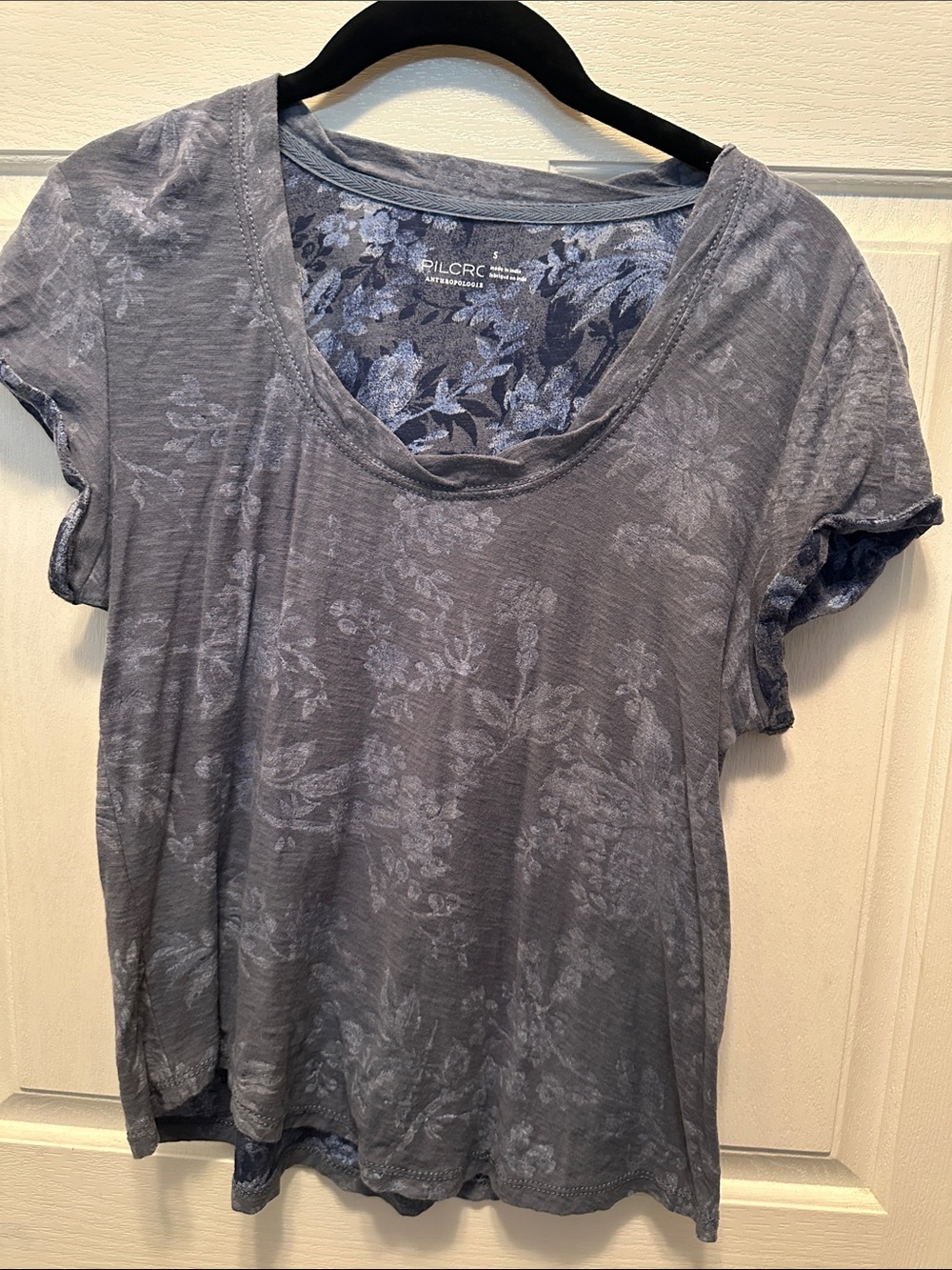 Anthropologie Pilcro Slate Blue Floral Scoop-Neck Short Sleeve Tee Size Sm